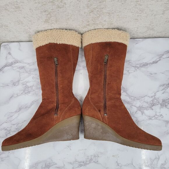 Ugg Felicity Brown Suede Wedge Boots with Real Sherpa Sheepskin Cuff And Footbed - Picture 9 of 16